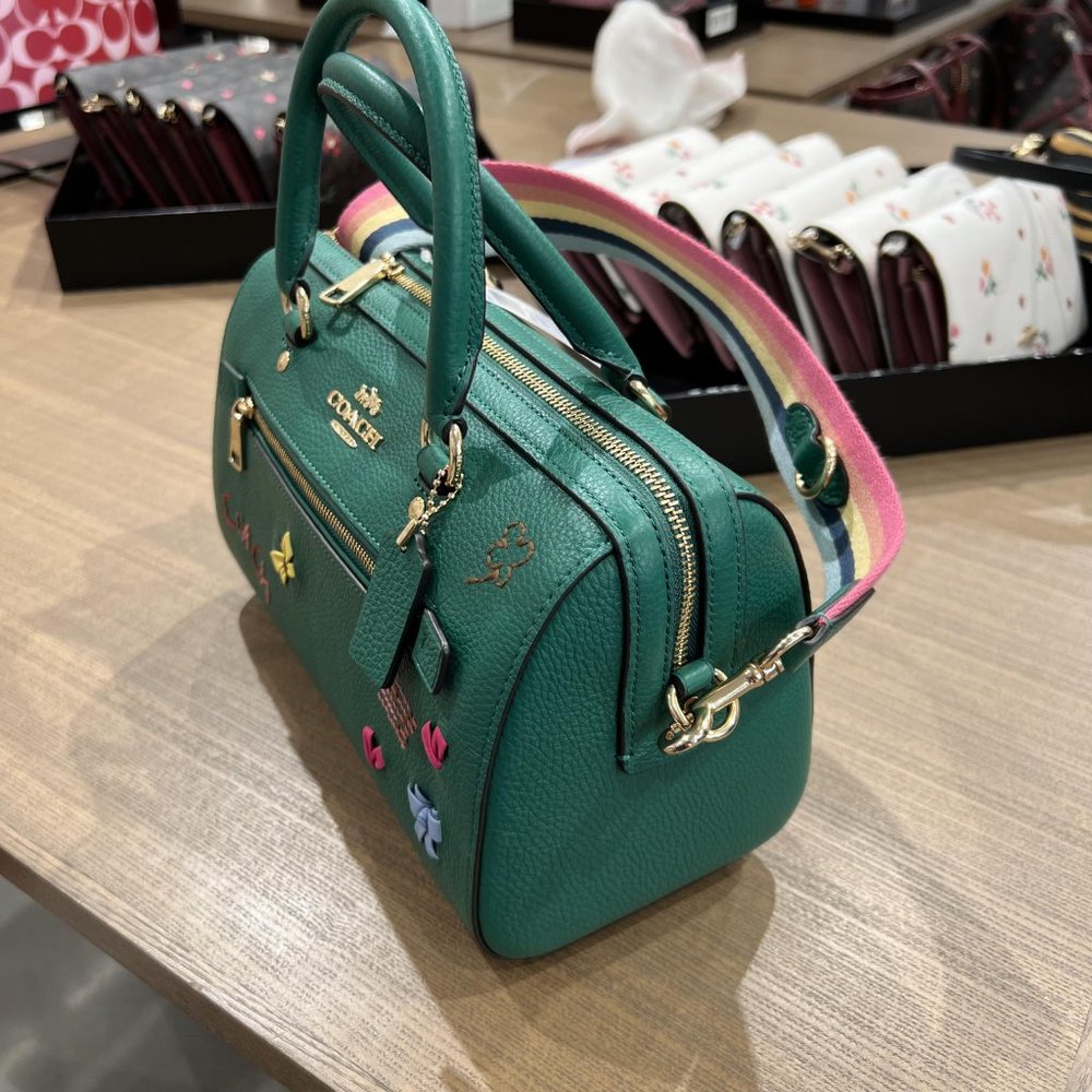 Coach Green Leather Satchel with Rainbow Strap and Multicolor Accents - Picture 2 of 7